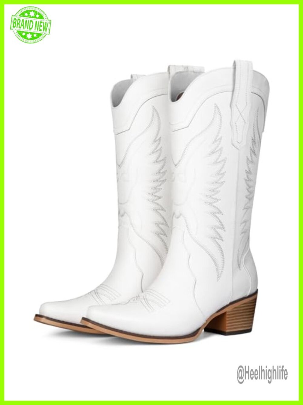 Western Cowboy Boots Faux Leather Snip Toe Mid Calf Chunky Heel Womens